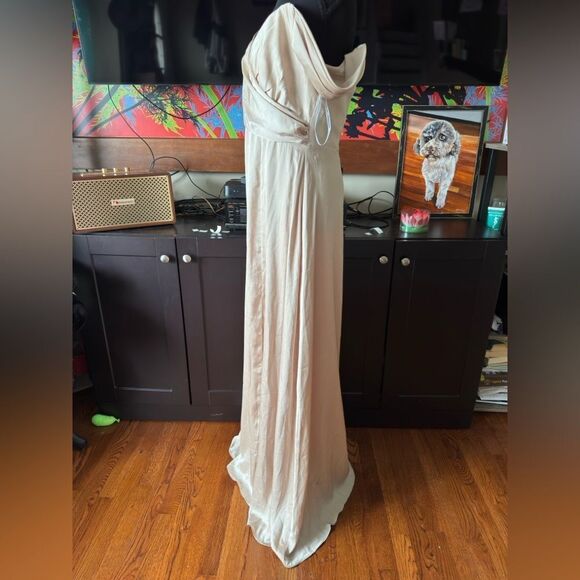 OFF-THE-SHOULDER FLOUNCE SLEEVE EMPIRE WAIST GOWN WITH FRONT SLIT IN CHAMPAGNE - Picture 6 of 16